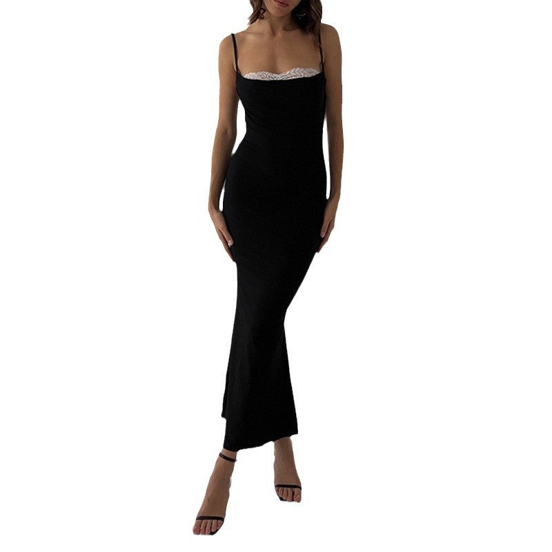 Alison – Robe Longue à Col Carré et Dentelle Sexy