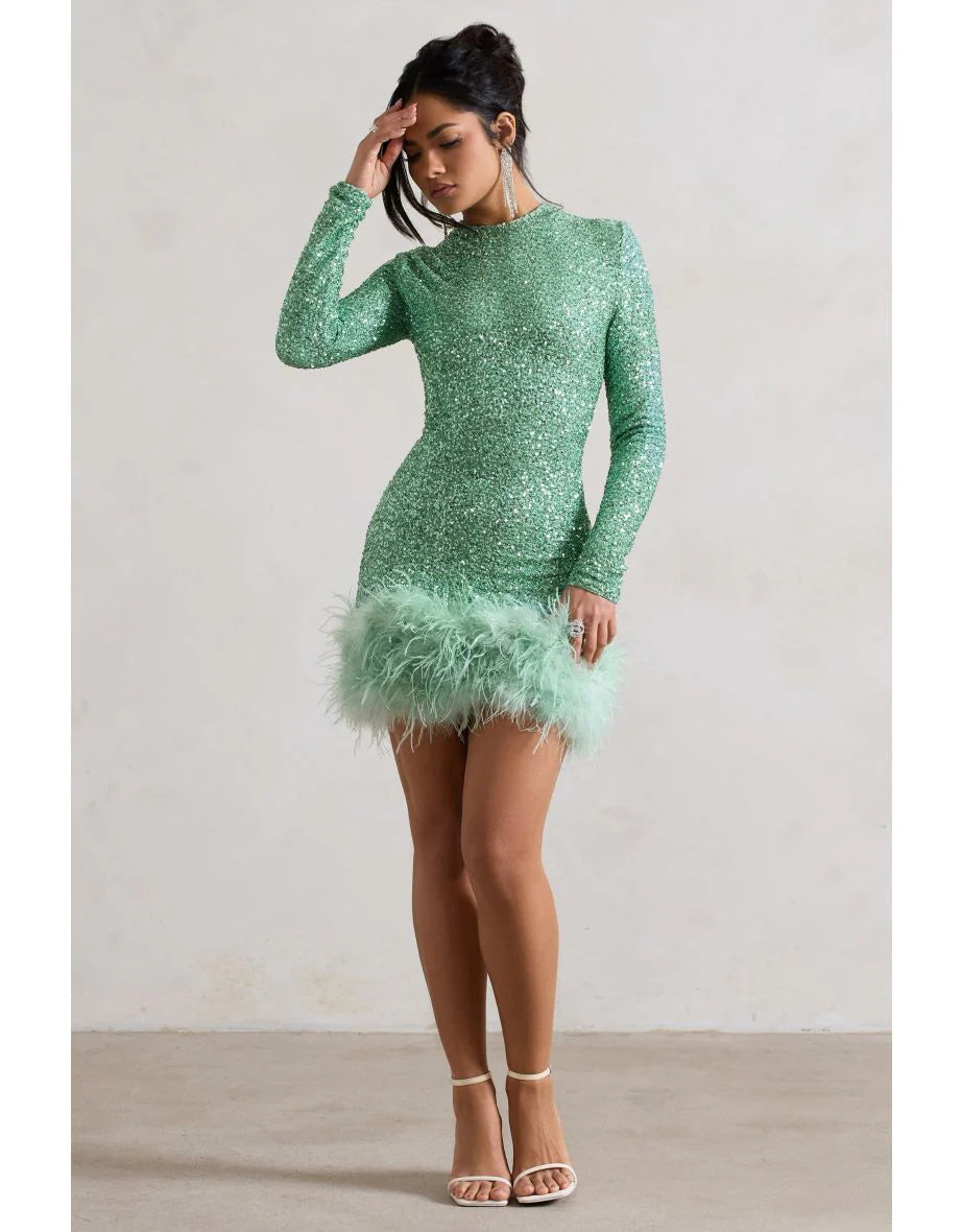 Helen – Robe à Plumes et Sequins Manches Longues