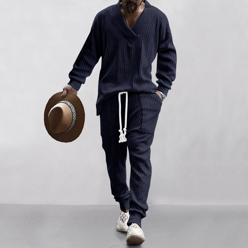 Richard – Ensemble Pull Jacquard à Col V et Pantalons Décontractés