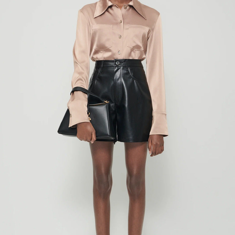 Imogen – Shorts Droits Taille Haute en Cuir Vegan
