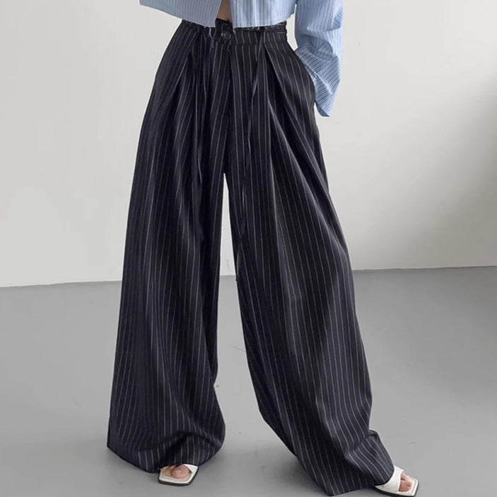Clara – Pantalon Large à Rayures Taille Haute