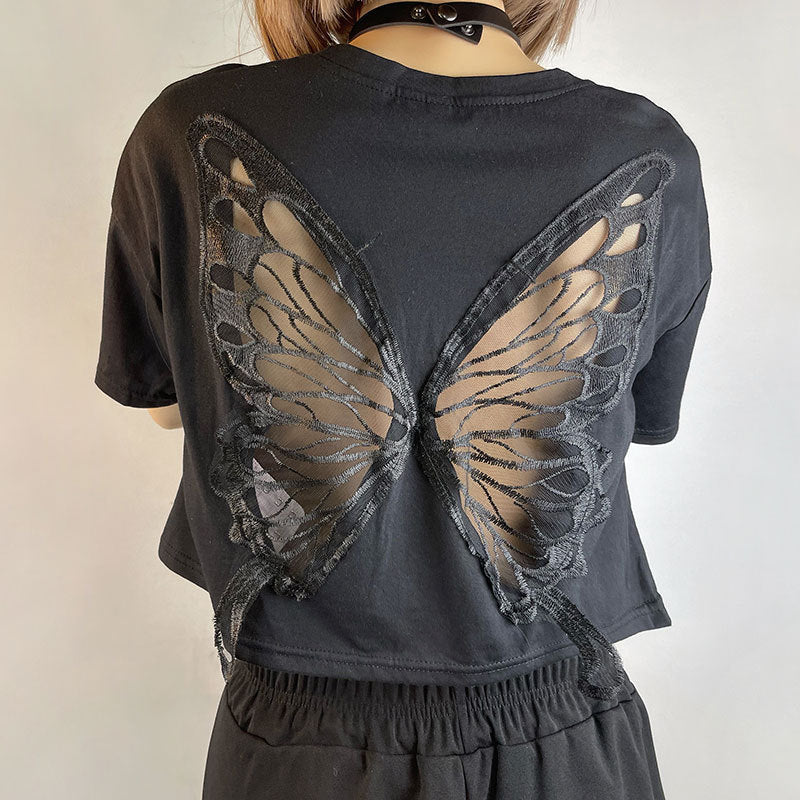 Miranda – T-shirt Court Papillon en Dentelle Noire