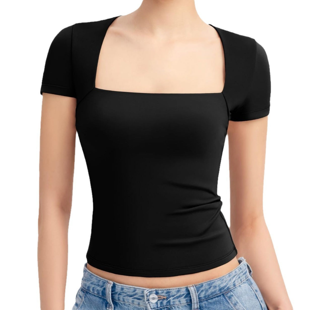 Robyn – T-shirt Femme à Col Carré et Manches Courtes