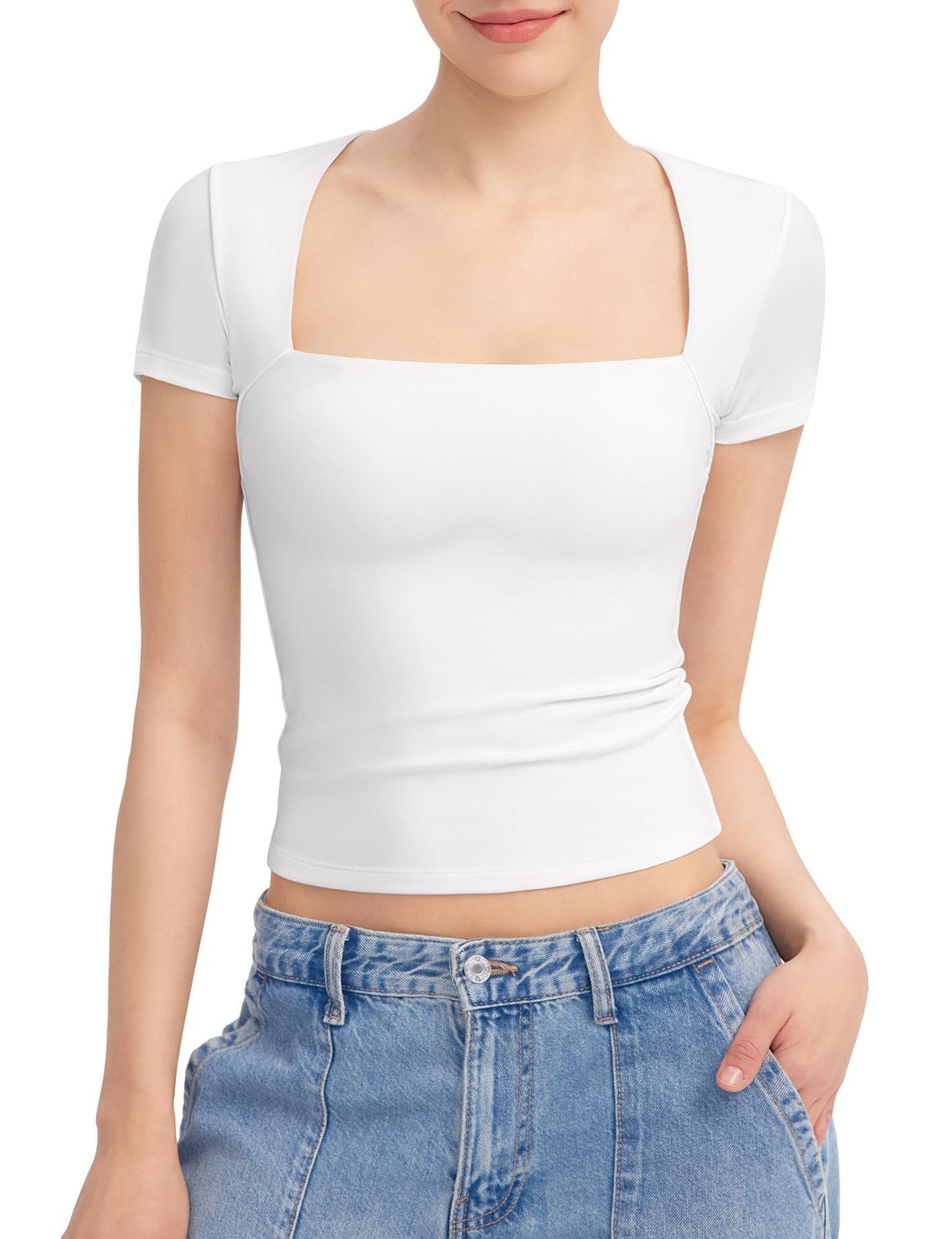 Robyn – T-shirt Femme à Col Carré et Manches Courtes