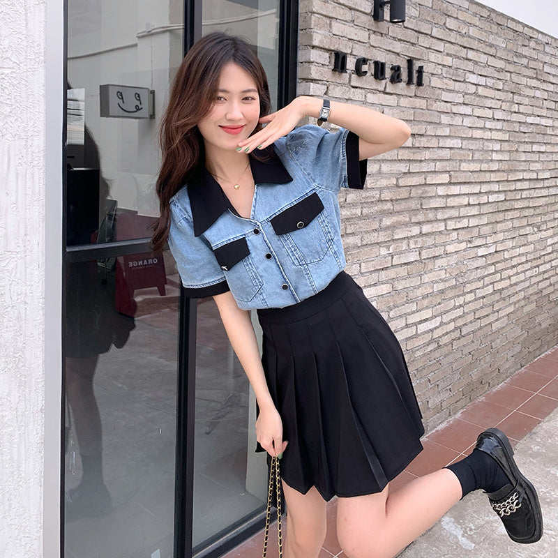 Tracy – Veste Chemise en Jean à Col Polo Contrasté d'Été
