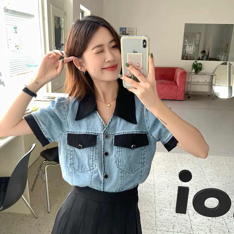 Tracy – Veste Chemise en Jean à Col Polo Contrasté d'Été