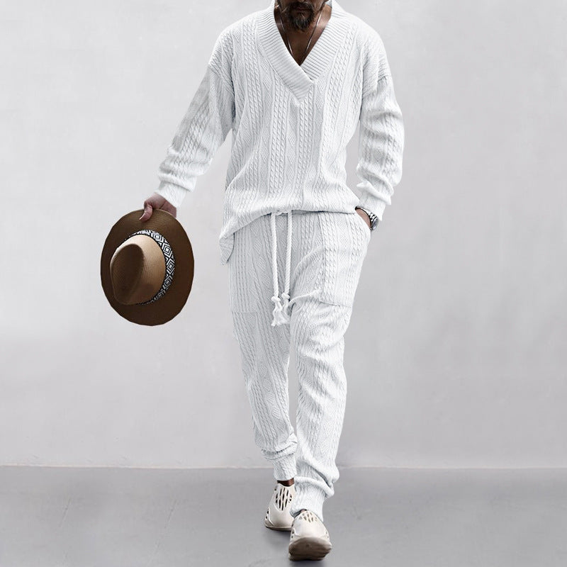 Richard – Ensemble Pull Jacquard à Col V et Pantalons Décontractés