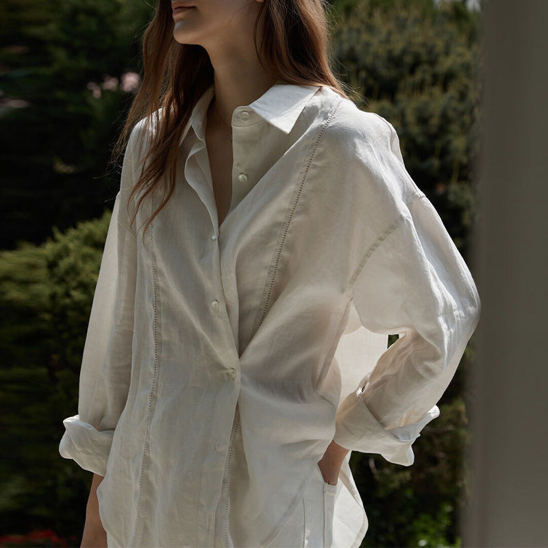 Lauren – Chemisier long brodé creux en lin