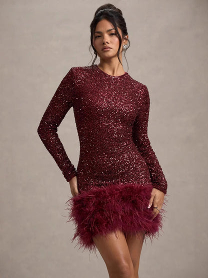 Helen – Robe à Plumes et Sequins Manches Longues