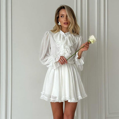 Judith – Robe Élastique à Volants Col Montant Manches Longues
