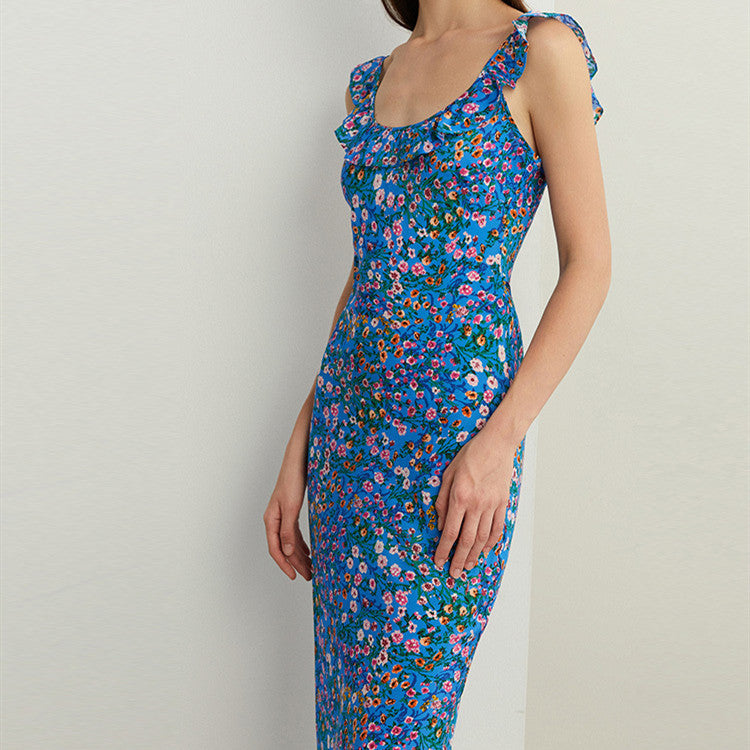 Gillian – Robe Florale Élégante Bleue de Vacances