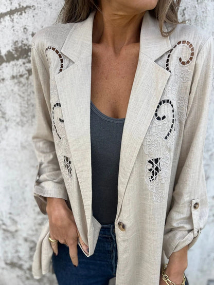 Wendy – Veste Petite en Coton et Lin avec Broderie Creuse et Une Bouton