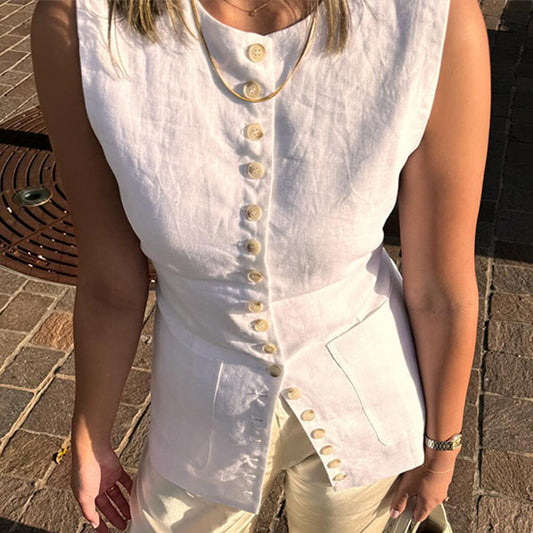Donna – Veste à col rond sans manches avec boutons