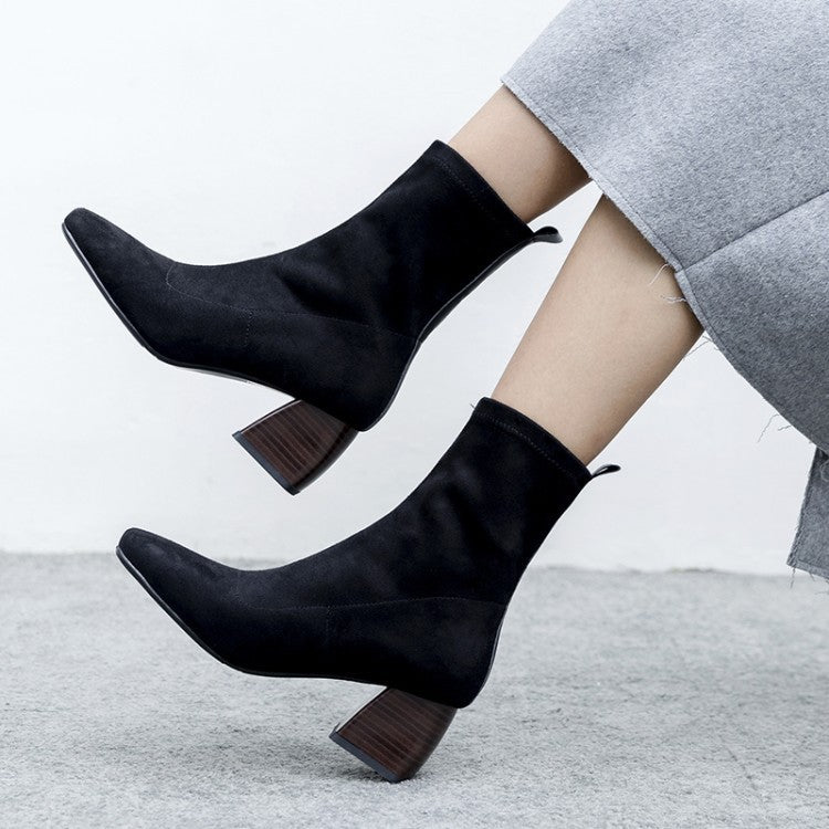 Leah – Bottes à Talons Épais pour Enfants en Velours Élastique Noir