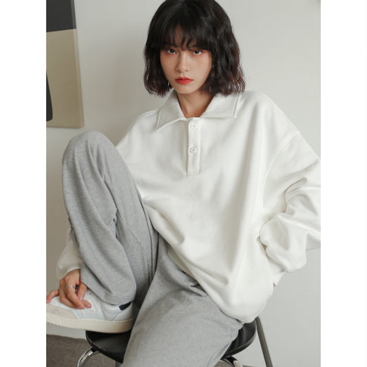 Linda – Pull Blanc Ample Style Coréen avec Col Polo et Capuche