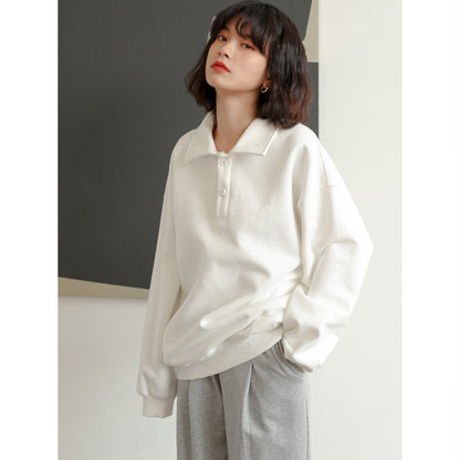 Linda – Pull Blanc Ample Style Coréen avec Col Polo et Capuche