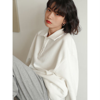 Linda – Pull Blanc Ample Style Coréen avec Col Polo et Capuche