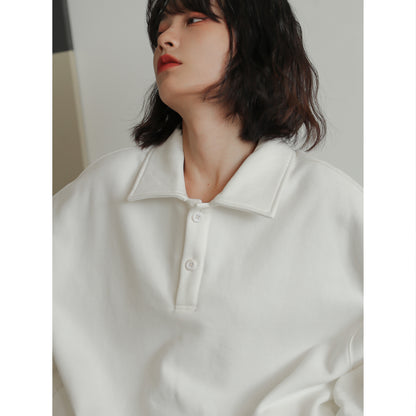 Linda – Pull Blanc Ample Style Coréen avec Col Polo et Capuche
