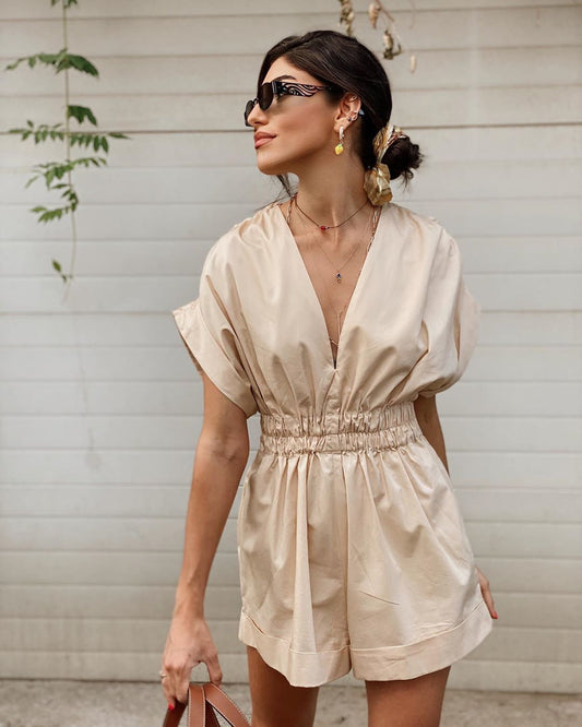 Kimberley – Combinaison Plissée avec Taille Élastique et Col en V