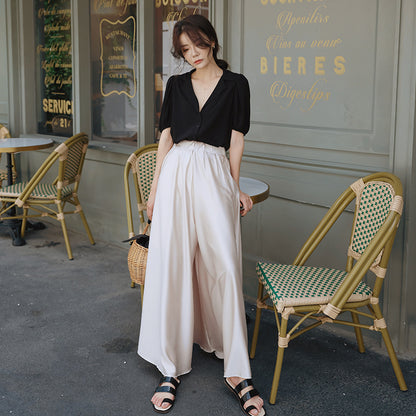 Kate – Pantalon Jupe Drapé Évasé en Satin à Taille Haute