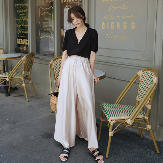 Kate – Pantalon Jupe Drapé Évasé en Satin à Taille Haute