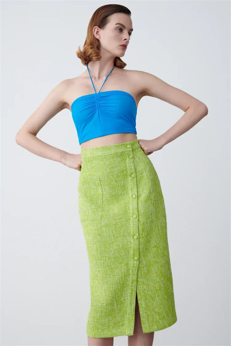 Hayley – Jupe Midi Fendue à Taille Haute Texturée Verte