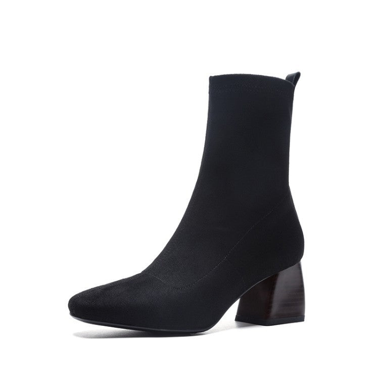 Leah – Bottes à Talons Épais pour Enfants en Velours Élastique Noir