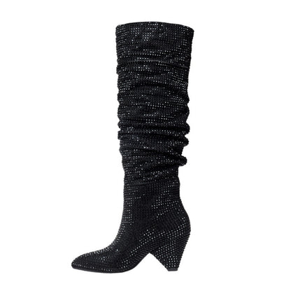 Lisa – Bottes Hautes Mode à Talon Évasé et Strass Argentés