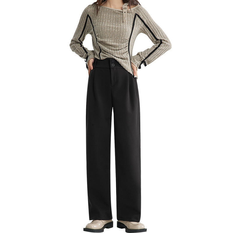 Heather – Pantalon Droit Décontracté en Laine Épais