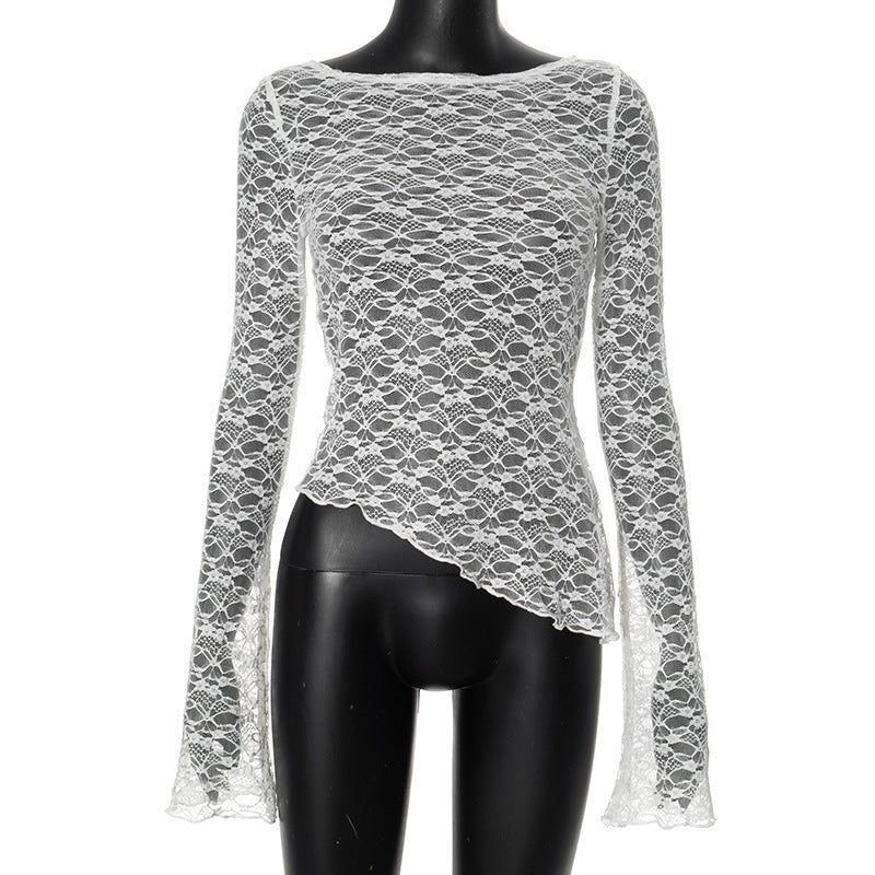 Gillian – T-shirt Sexy à Manches Longues et Ourlet Asymétrique en Dentelle