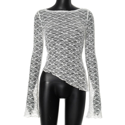 Gillian – T-shirt Sexy à Manches Longues et Ourlet Asymétrique en Dentelle