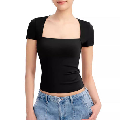 Robyn – T-shirt Femme à Col Carré et Manches Courtes