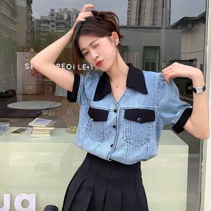 Tracy – Veste Chemise en Jean à Col Polo Contrasté d'Été