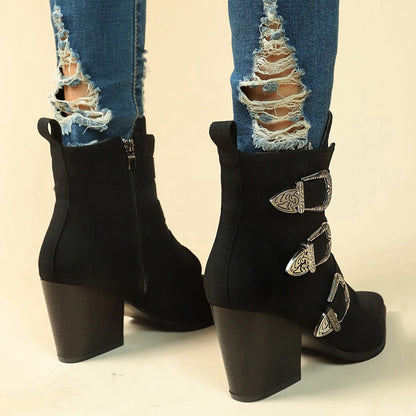 Anne – Bottes mi-mollet rétro à talon épais avec boucle de ceinture