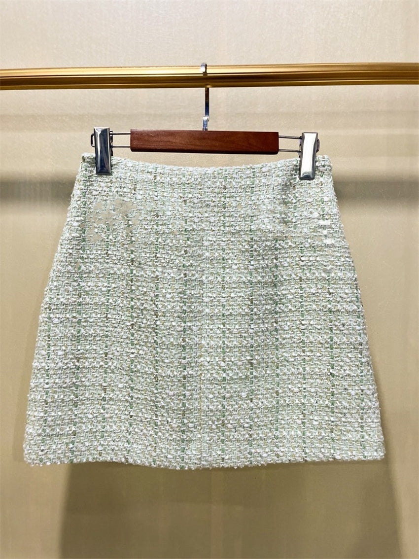 Rachel – Jupe Trapèze en Tweed Coton Vert Clair avec Poches