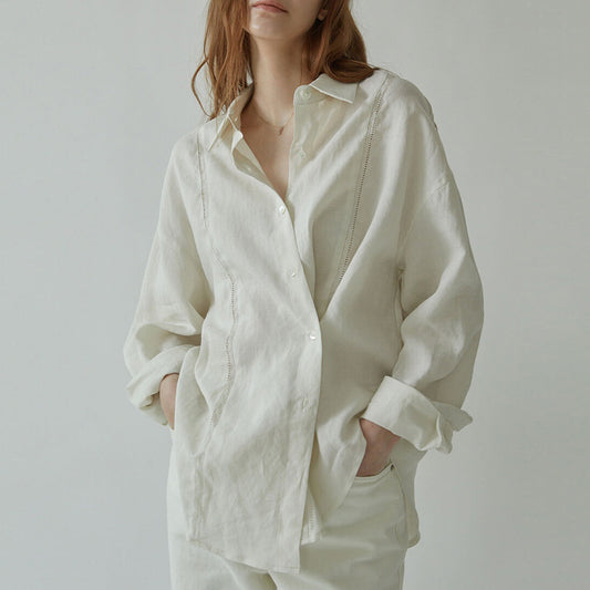 Lauren – Chemisier long brodé creux en lin