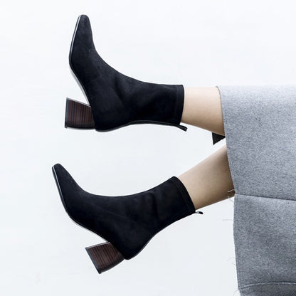 Leah – Bottes à Talons Épais pour Enfants en Velours Élastique Noir