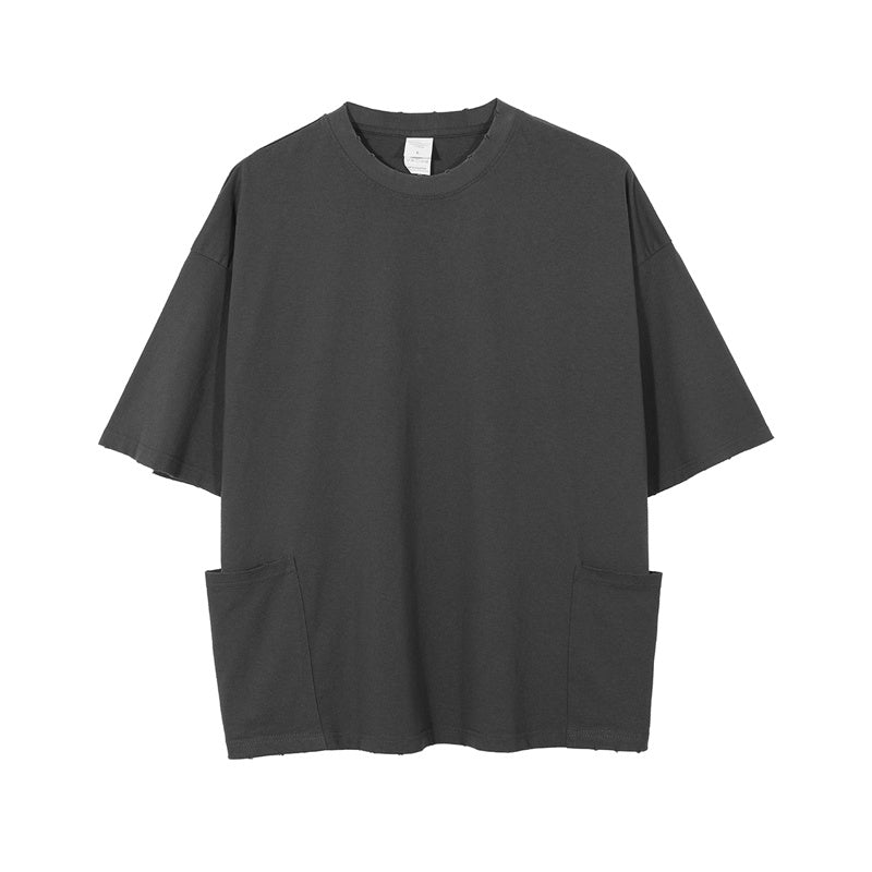Fred – T-shirt Décontracté Simple avec Poche et Manches Courtes Effilochées