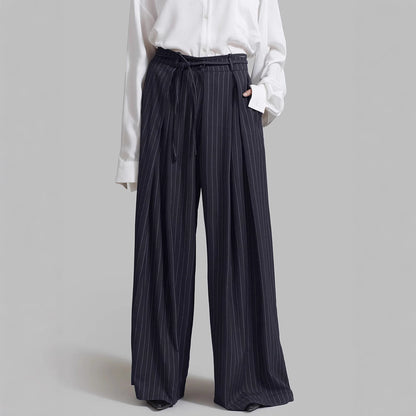 Clara – Pantalon Large à Rayures Taille Haute