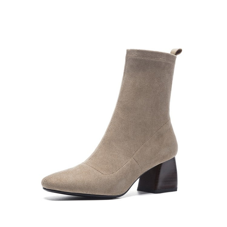 Leah – Bottes à Talons Épais pour Enfants en Velours Élastique Noir