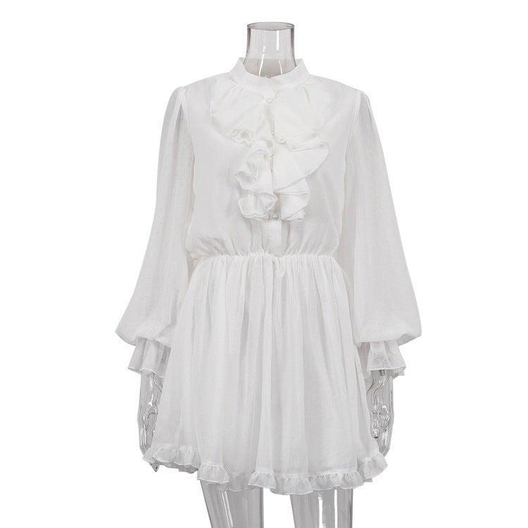 Judith – Robe Élastique à Volants Col Montant Manches Longues