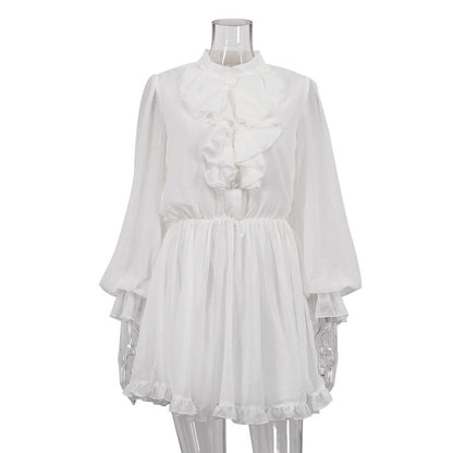 Judith – Robe Élastique à Volants Col Montant Manches Longues