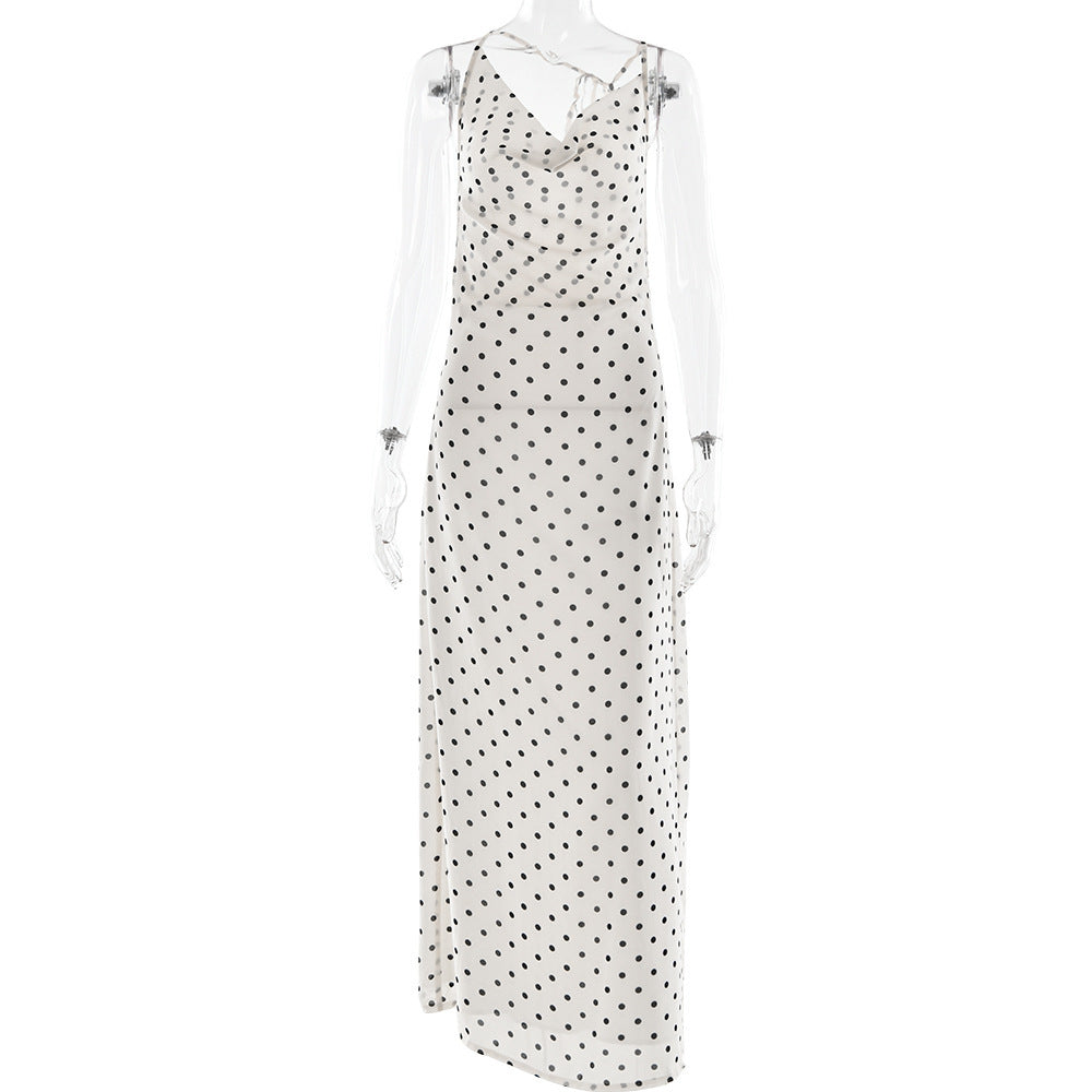 Alison – Robe Longue à Pois Sans Manches en Chiffon Dos Nu