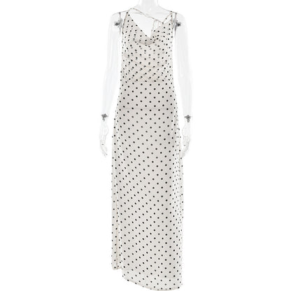 Alison – Robe Longue à Pois Sans Manches en Chiffon Dos Nu