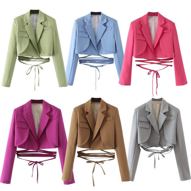 Emily – Veste à lacets à taille à cordon de couleur unie à manches longues