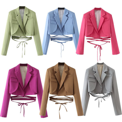 Emily – Veste à lacets à taille à cordon de couleur unie à manches longues