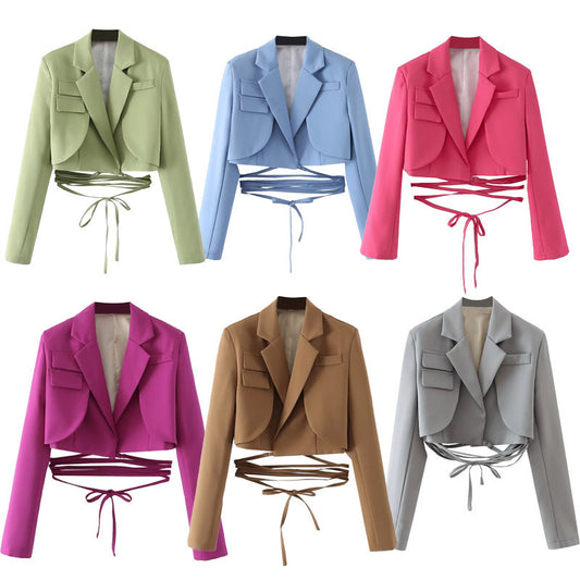 Emily – Veste à lacets à taille à cordon de couleur unie à manches longues