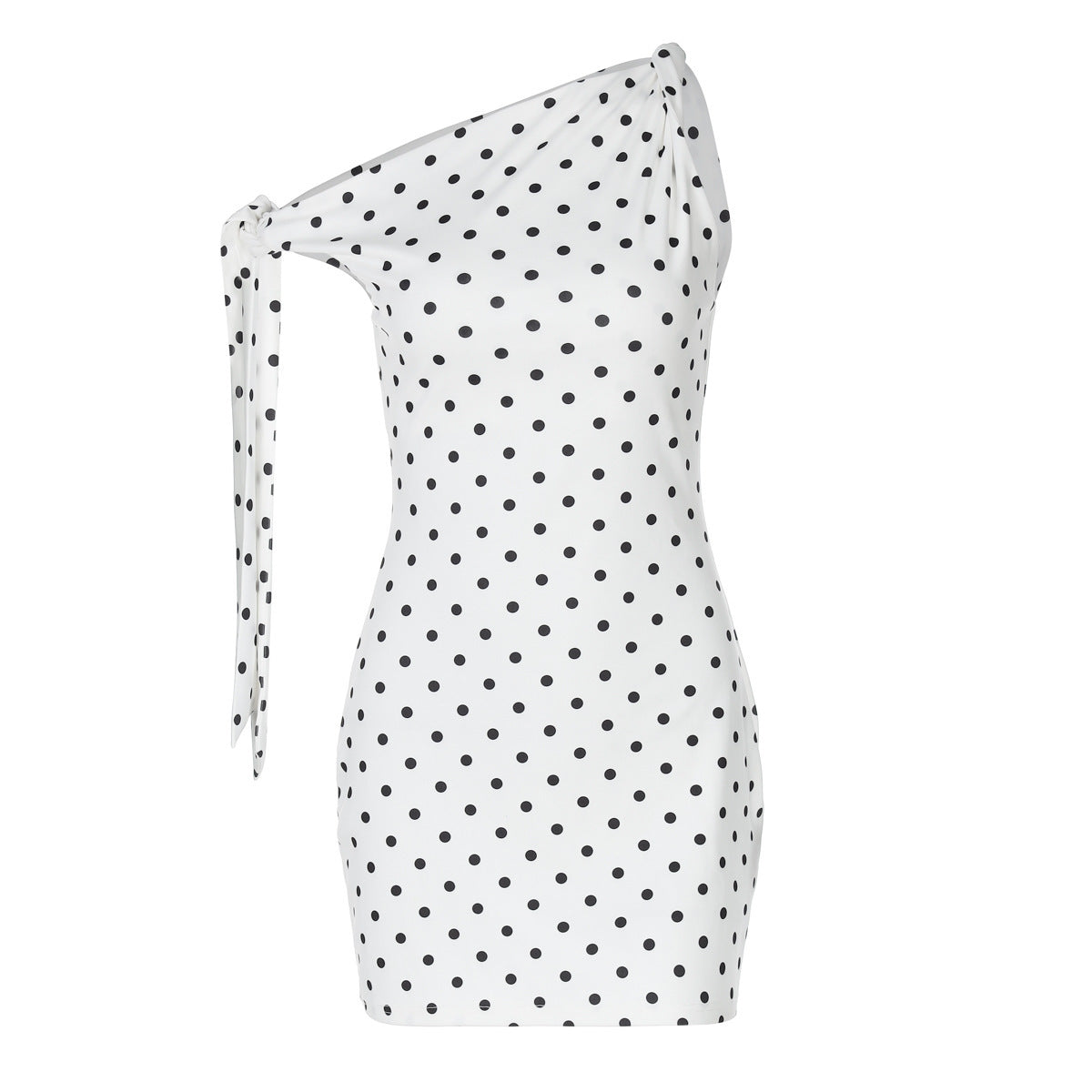 Lydia – Robe Moulante à Pois avec Épaule Asymétrique et Lacets
