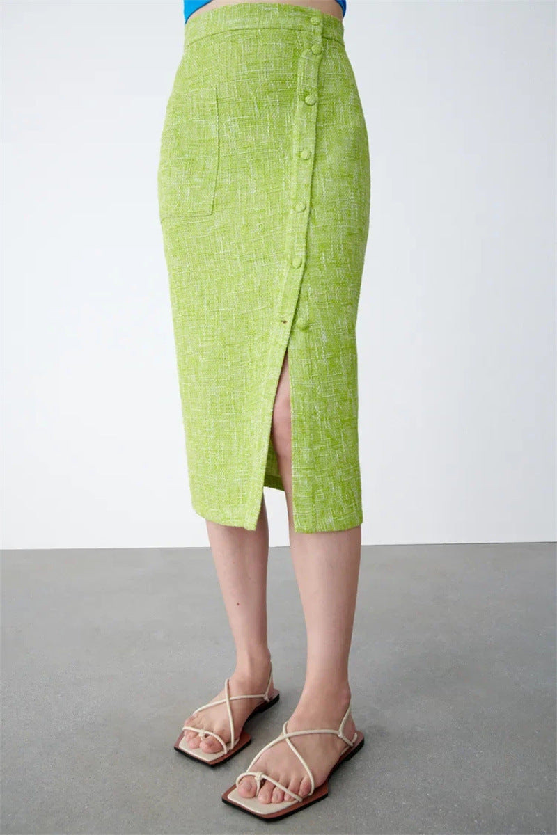 Hayley – Jupe Midi Fendue à Taille Haute Texturée Verte