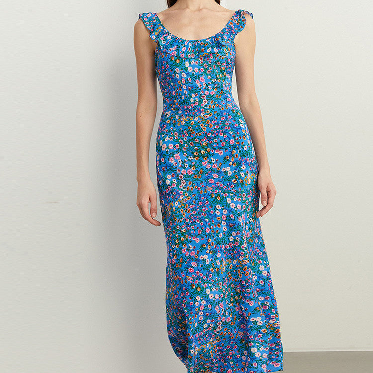 Gillian – Robe Florale Élégante Bleue de Vacances